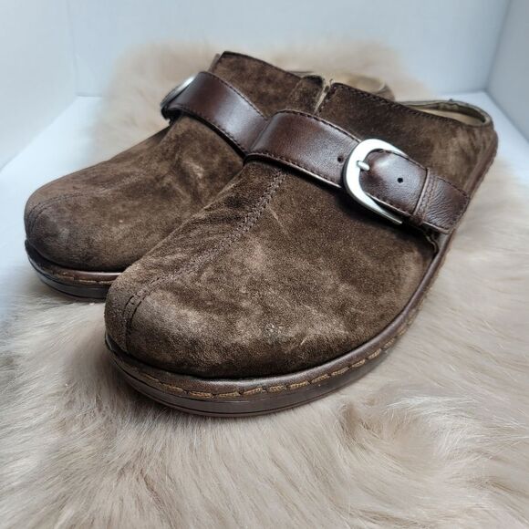 Klogs Brown Suede Buckle Slip On Women's Clogs - Picture 1 of 7